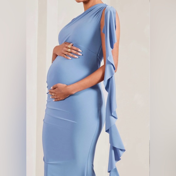 Cornflower Blue One-Shoulder Maternity Maxi Dress With Ruffles - Picture 4 of 6